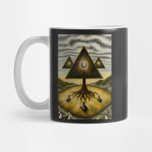 Surrealist painting like digital art with pyramids tree roots and the seed of the monad with within Mug
